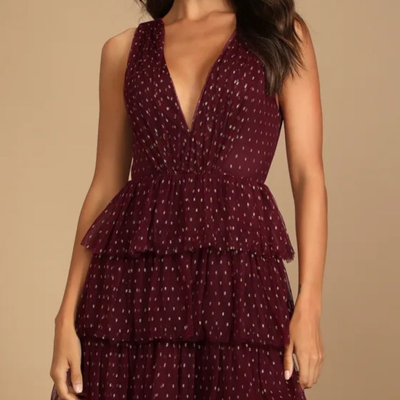 NWT NEW Lulu’s Forever Sparkling Burgundy Dotted Mesh Tiered Mini Dress XS - Picture 2 of 10
